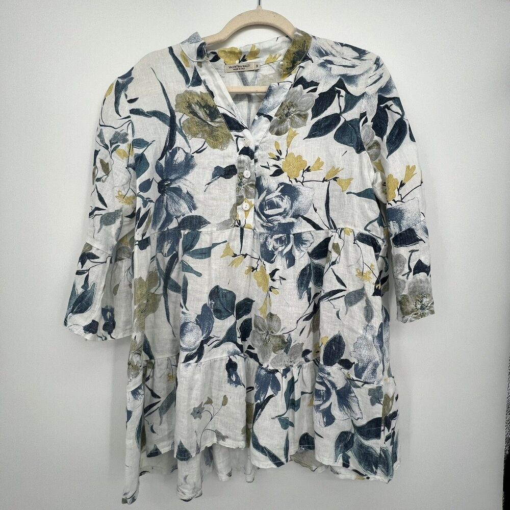 Valentina Naldi Italy Linen Top Sz M Floral Blue 3/4 Bell Sleeve Popover Tunic